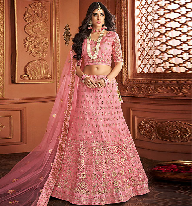 pink lehenga with zari resham stonework